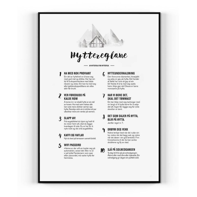 Hytteregler plakat 30x40 cm